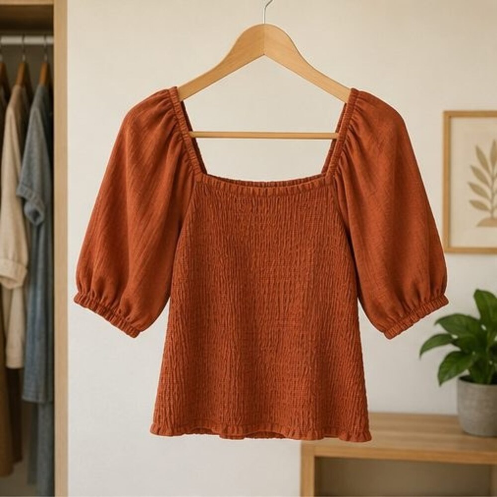 Rust Smocked Puff Sleeve Top